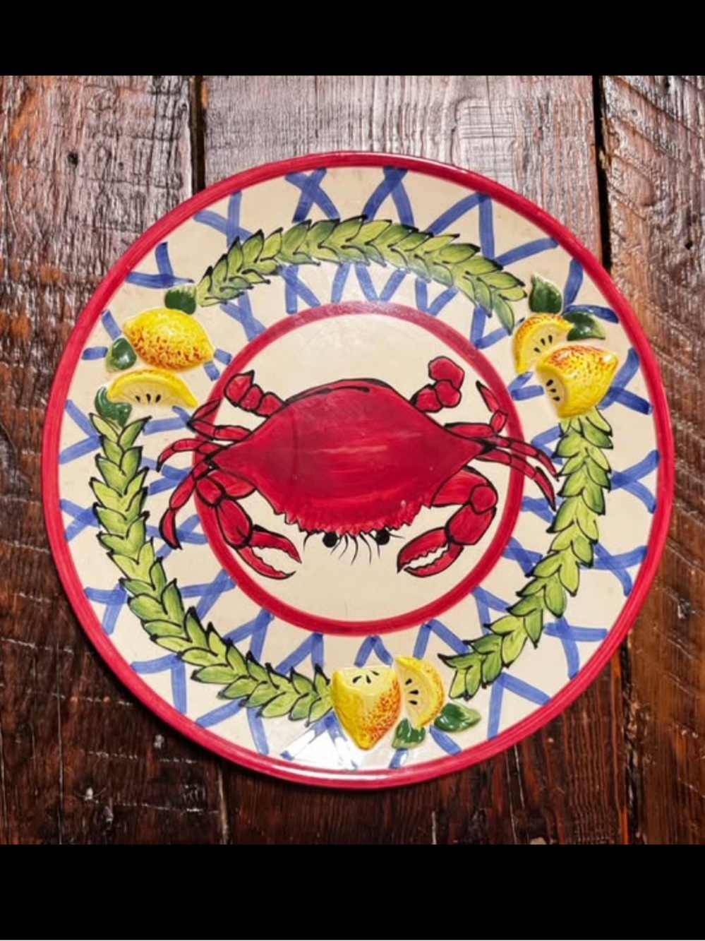 BECCA Red & Blue Coastal Crab Ceramic Plate with Lemon Wreath